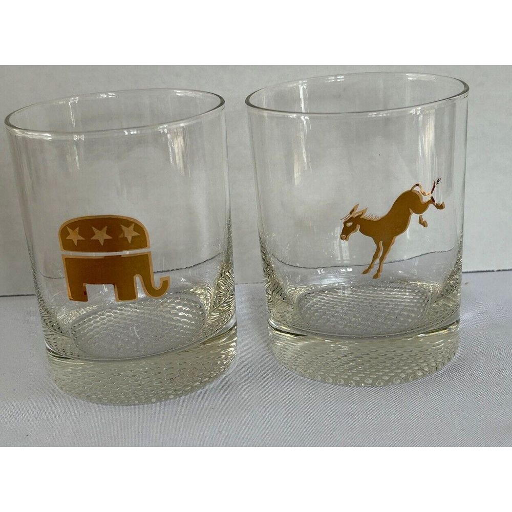Republican Elephant / Democrat Donkey Set  2.cocktail Bar Glasses Bubble Bottom‎